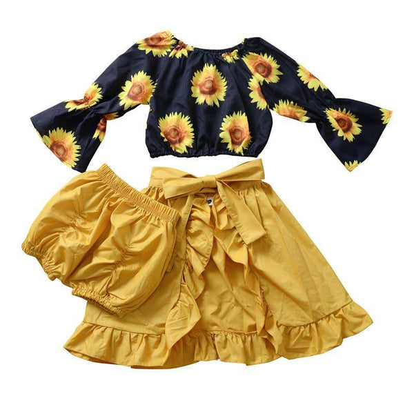 3 Pcs Set Fresh Girl Sunflower Print Tops And Solid Color Shorts And Skirts
