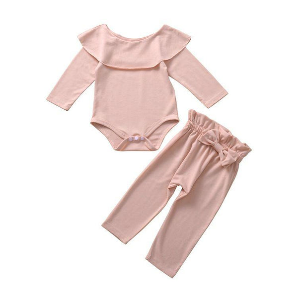 2 Pcs Set Baby Girls Pure Color Ruffle Collar Tops And Pant