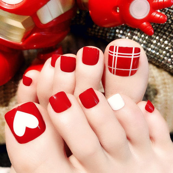 Bright Red Color Love Heart Pattern Handmade Toe Nails