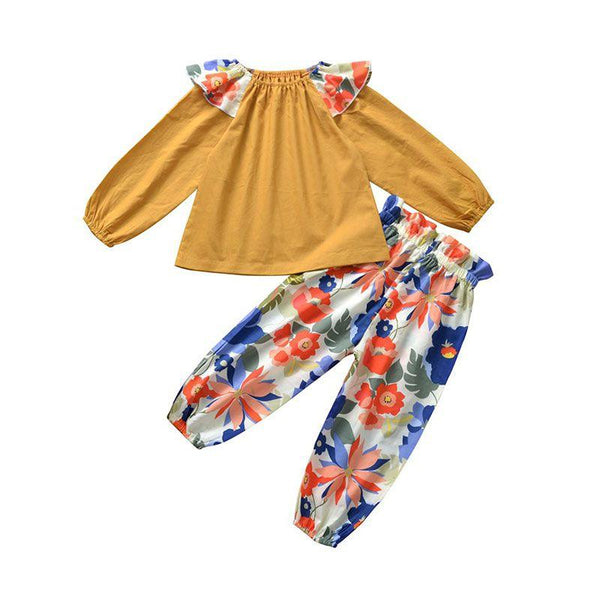 2 Pcs Set Baby Girl Long Sleeves Tops And Floral Print Pants