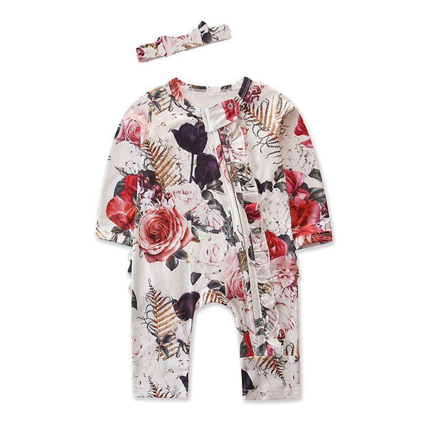 2 Pcs Set Baby Girl Flower Print Patchwork Long Sleeves Jumpsuit And Headband