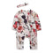 2 Pcs Set Baby Girl Flower Print Patchwork Long Sleeves Jumpsuit And Headband