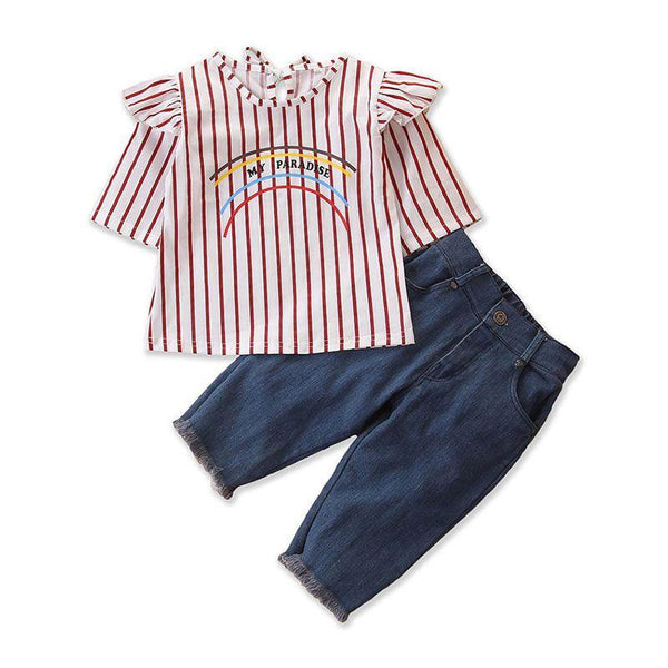 2 Piece Set Girl Stripes Print Tops And Jeans