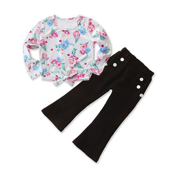 2 Pieces Set Girl Fresh Flower Print Long Sleeves Tops And Black Pants