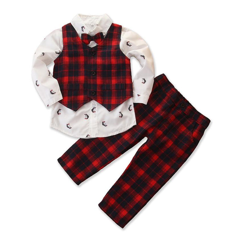 3 Piece Set Boys Red Plaid Vest And Pants And Penguin Print Shirts