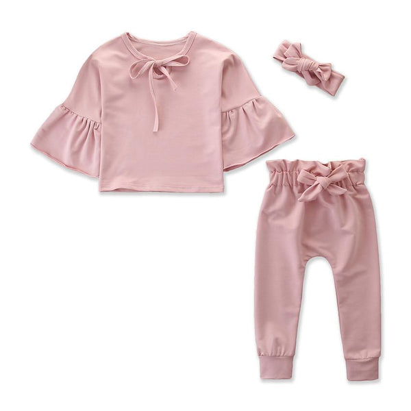 3 Piece Set Cute Baby Girl Pink Color Flare Sleeves Tops And Pants With Headband