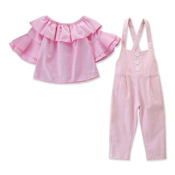 2 Piece Set Baby Girl Off-shoulder Pink Tops And Casual Overalls