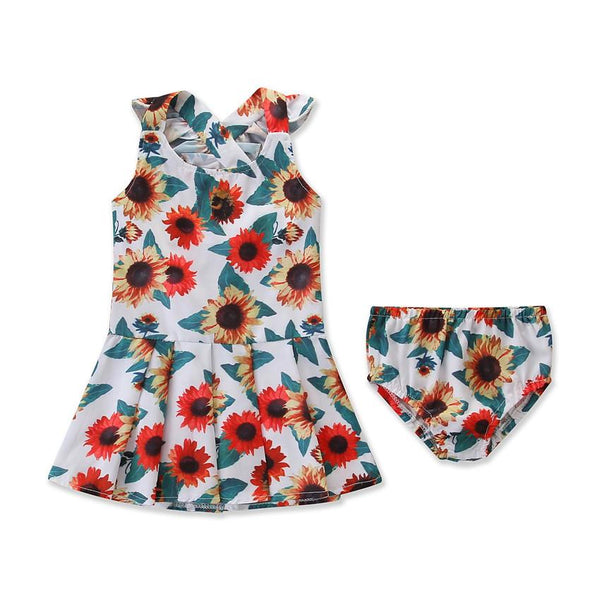 2 Piece Set Girl Sunflower Print Ruffle Sleeves Dress And Shorts