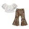 2 Piece Set Girl White Lace Off-shoulder Tops And Leopard Print Flared Pants