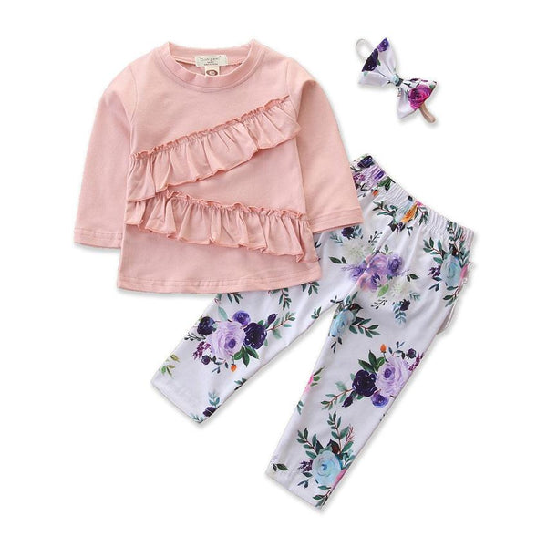 3 Piece Set Girl Ruffle Design Pink T-shirts And Flower Pants With Headband