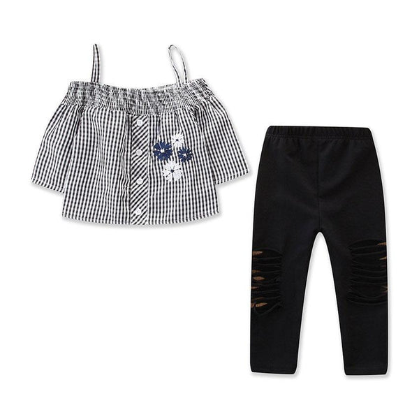 2 Piece Set Girl Flower Stripes Print Off-shoulder Tops And Pants
