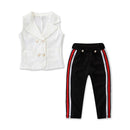 2 Piece Set Girl White Sleeveless Lapel Tops And Stripes Pants