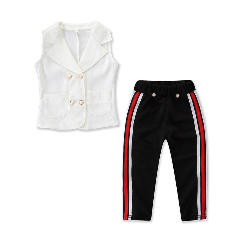 2 Piece Set Girl White Sleeveless Lapel Tops And Stripes Pants