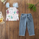 2 Piece Set Girl Animals Print Lace Sleeveless Tops And Denim Jeans