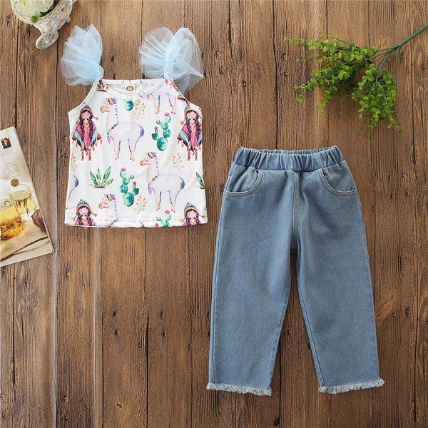 2 Piece Set Girl Animals Print Lace Sleeveless Tops And Denim Jeans