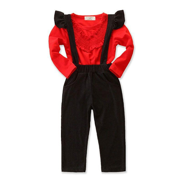 2 Piece Set Girl Red Casual T-shirts And Black Overalls