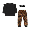 3 Piece Set Baby Girl Long Sleeves Black Tops And Leopard Print Pants With Headband