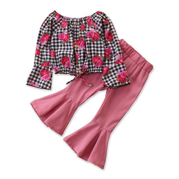 2 Piece Set Girl Rose Print Tops And Flared Pants