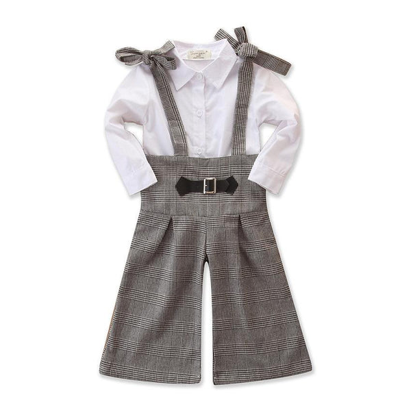 2 Piece Set Girl White Long Sleeves Blouses And Plaid Loose Overalls