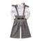 2 Piece Set Girl White Long Sleeves Blouses And Plaid Loose Overalls