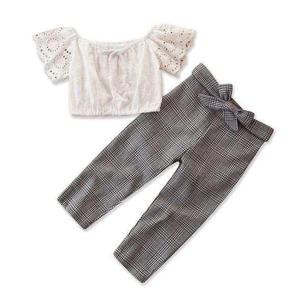 2 Piece Set Girl Lace Short Sleeves Tops And Plaid Print Pants
