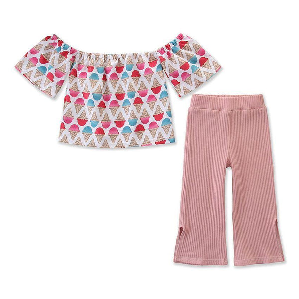 2 Piece Set Girl Ice Cream Print One-shoulder Tops And Loose Pants