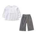 2 Piece Set Girl White Round Neck Tops And Plaid Print Pants
