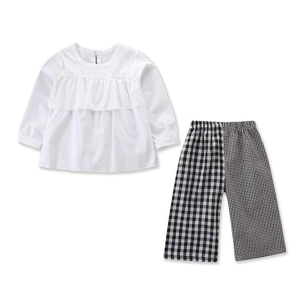 2 Piece Set Girl White Round Neck Tops And Plaid Print Pants