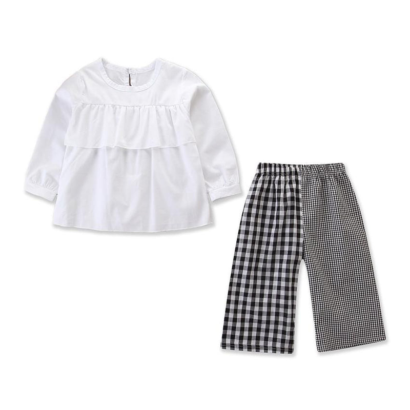 2 Piece Set Girl White Round Neck Tops And Plaid Print Pants