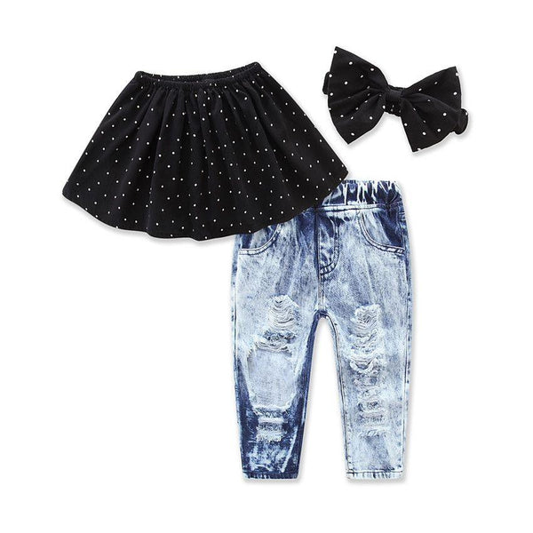 3 Piece Set Girl Dot Print Off-shoulder Tops And Ripped Jeans