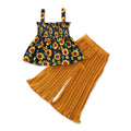 2 Piece Set Girl Bright Sunflower Print Sleeveless Tops And Ruffle Design Loose Pants
