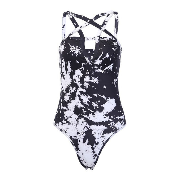 Gothic Style Star Print Hollow Out Sexy Women Crossed Strap Bodysuits