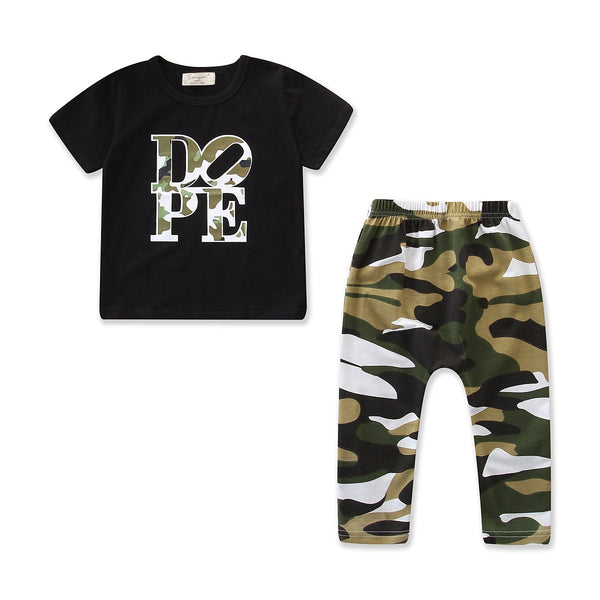 2 Piece Set Boy Camouflage Print Short Sleeves Casual T-shirt And Pants