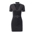 Gothic Style Halter Pattern Deep V Neck Short-sleeve Sash Bodycon Dress