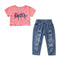 2 Piece Set Girl Multicolor Bird Print Short Sleeves Tops And Ripped Pants