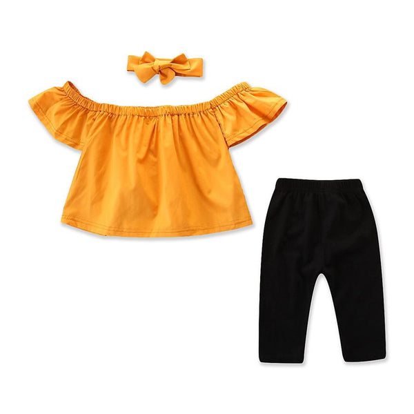 2 Piece Set Girl Yellow Off-shoulder Tops And Black Pants