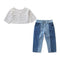 2 Piece Set Girl Heart Print Tops And Patchwork Denim Jeans