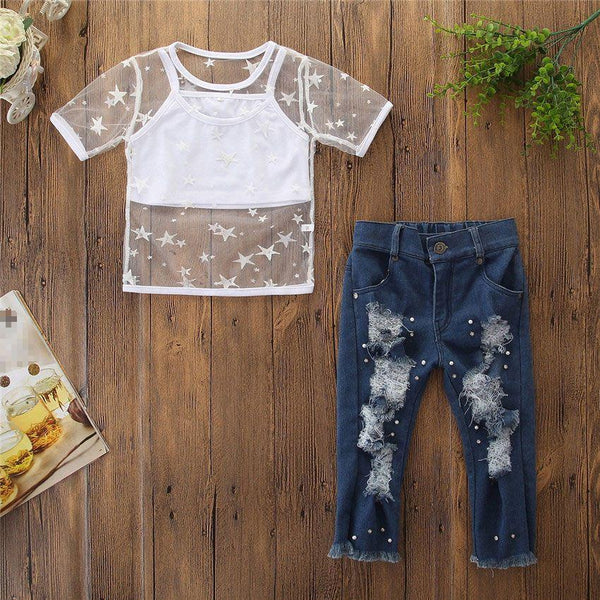 3 Piece Set Fashion Girl Star Lace Tops And White Vests And Ripped Jeans