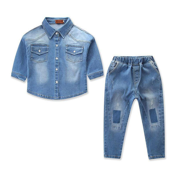2 Pieces Set Boy Simple Style Pocket Design Denim Shirts And Jeans