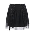 Gothic Style Women Personality Mesh Stitching Lace-up Design Black Skirt