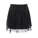 Gothic Style Women Personality Mesh Stitching Lace-up Design Black Skirt