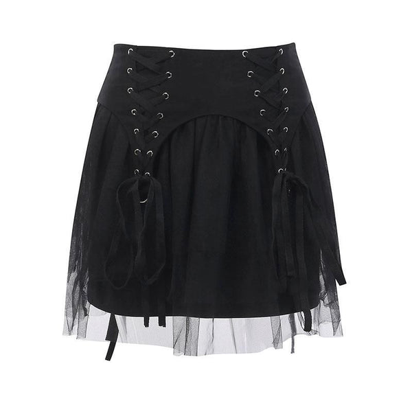 Gothic Style Women Personality Mesh Stitching Lace-up Design Black Skirt