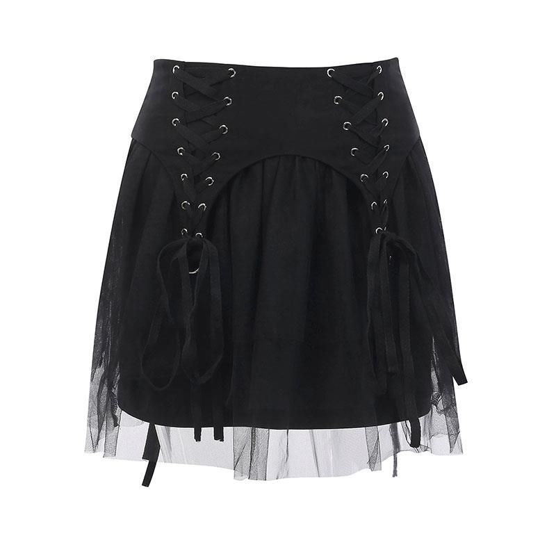 Gothic Style Women Personality Mesh Stitching Lace-up Design Black Skirt