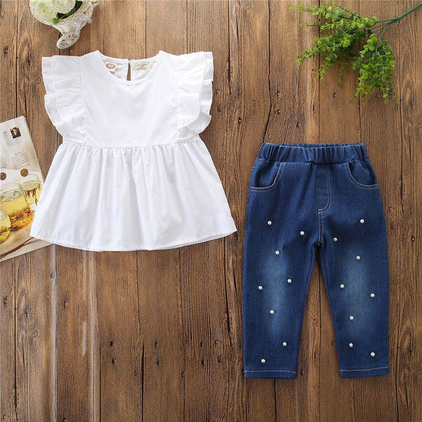 2 Piece Set Girl Ruffle Sleeves White Tops And Denim Pants