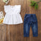 2 Piece Set Girl Ruffle Sleeves White Tops And Denim Pants