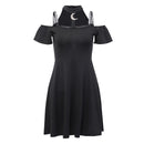 Gothic Style Women Sexy Halter Pattern Cool Shoulder Short-sleeve Black Mini Dress