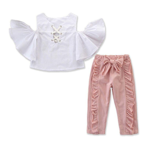 2 Piece Set Girl White Off-shoulder Tops And Pink Pants