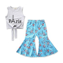 2 Piece Set Fashion Girl Letter Print Sleeveless Tops And Floral Flared Pants