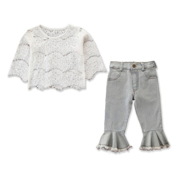 2 Pieces Set Baby Girl White Lace Round Neck Tops And Flared Pants