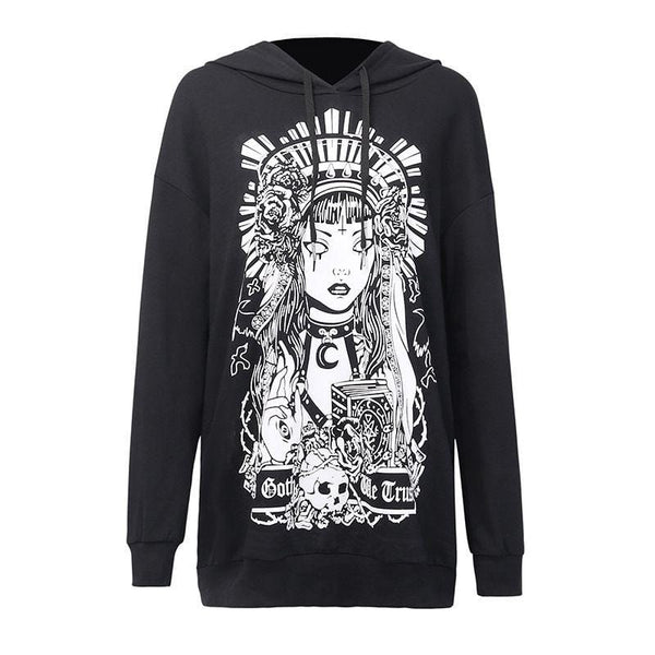 Women Casual Gothic Style Print Long-sleeve Loose Hooded Dress